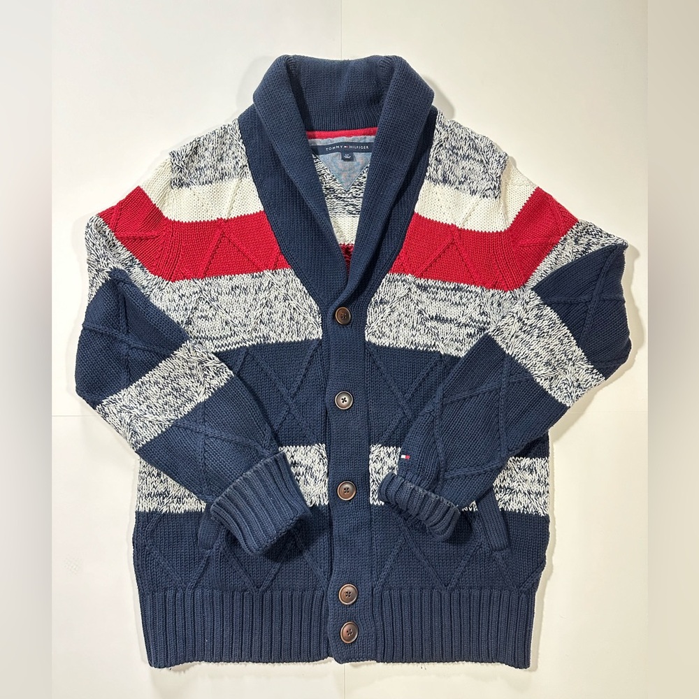 Mens Tommy Hilfiger Cardigan Shawl Button Down Sweater, Multi-Color, Size Small